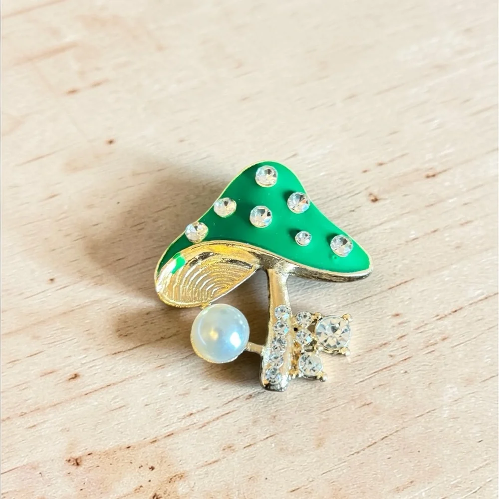 Mint Green Enamel Mushroom Brooch with Faux Pearl &‎ Rhinestones